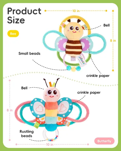 Vista 6 de Jollybaby Sonajeros suaves para bebés y juguete de anillos de peluche para recién nacidos de 0-3-6-12 meses, juguetes sensoriales y de desarrollo
