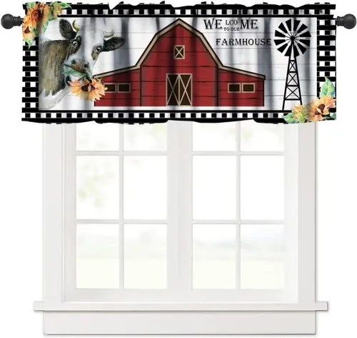 Vista 39 de Cenefa de ventana de gallo de Western Farm, pollo, girasol, retro, con estampado de cuadrícula de búfalo amarillo, bolsillo para barra, tratamientos