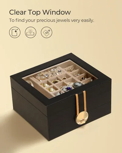 Vista 3 de Hzuaneri Joyero de 3 capas, organizador de joyas con tapa de vidrio, 1 soporte individual para joyas, 1 cajón, estuche de joyería de piel sintética