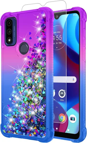 Vista 12 de Funda para teléfono Moto G Pure, Moto G Play 2023 con protector de pantalla HD, diseño de arena movediza con purpurina líquida flotante en degradado