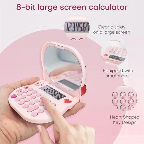 Vista 3 de Bonita calculadora de espejo de maquillaje, escritorio básico de 8 dígitos con pantalla LCD grande y botones sensibles, mini para profesores