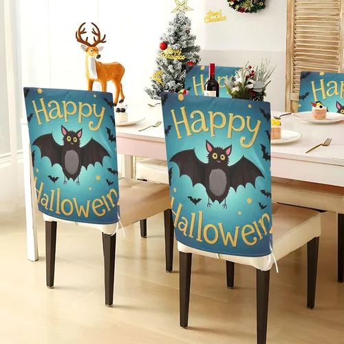 Vista 4 de Happy Halloween Cartoon Cute Black Bat Decorative Dining Chair Covers for Festivals (Easter, Graduation, etc.) Soft Easy To Put On/Take Off Chair