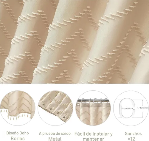 Vista 6 de Cortina de ducha Siiluminisoy de 36x72 beige, cortina de ducha de tela de tamaño pequeño, cortinas de ducha de tela con tufting, diseño chevron a