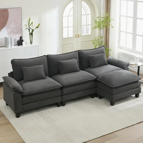 Vista 17 de URRED - Sofá seccional modular tipo nube, cómodo sofá cama de chenilla moderna con asientos profundos y otomán/almohadas para sala de estar