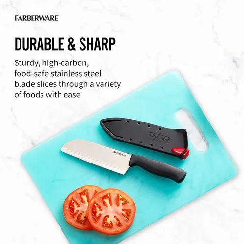 Vista 5 de Farberware Edgekeeper – Cuchillo Santoku de 5 pulgadas con funda autoafilable, cuchillo de cocina de acero inoxidable de alto carbono con mango Negro