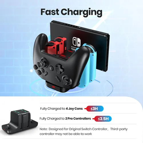 Vista 3 de NEWDERY Base de carga para controlador Nintendo Switch Pro y Joy con, estación de carga rápida 6 en 1 para Switch y modelo OLED y Lite con indicador