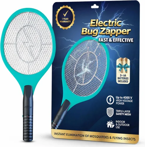 Vista 10 de Raqueta matamoscas eléctrico para mosquitos, moscas e insectos voladores, matamoscas de mano de 18 pulgadas para uso en interiores y exteriores, 2