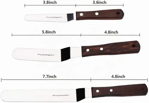 Vista 2 de Juego de 3 espátulas profesionales de acero inoxidable para glaseado (hoja flexible resistente de 4 a 6 a 8 pulgadas) en ángulo con mango de madera