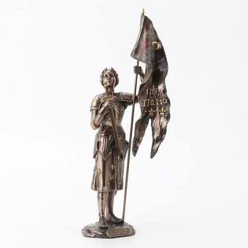 Vista 2 de Figura de Juana de Arco de 15 pulgadas con espada y bandera de color bronce
