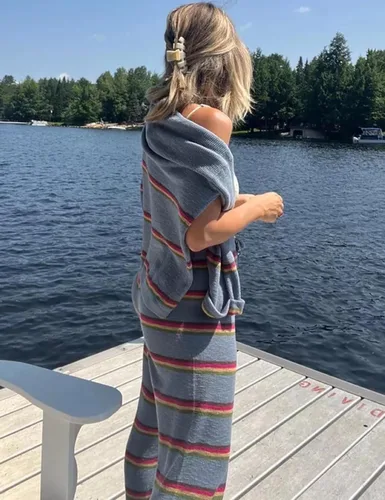 Vista 4 de Aedceal Conjunto de suéter marinero para mujer, suéter de punto a rayas, pantalones largos, pijamas para descansar