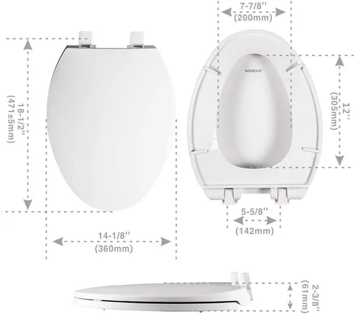 Vista 3 de Asiento de inodoro alargado WSSROGY con tapa de cierre suave, fácil de instalar, plástico, blanco, adecuado para inodoros alargados u ovalados