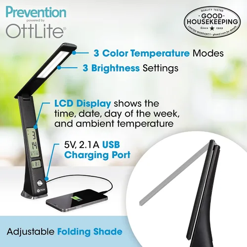 Vista 2 de OttLite Prevention - Lámpara LED con pantalla digital y carga USB, color negro ClearSun LEDs Reduce Eyestrain LCD Display with Clock and Alarm