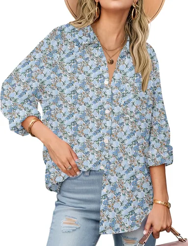 Vista 11 de Zeagoo - Blusas de lino con botones para mujer, de gasa, algodón, manga larga, blusas informales con cuello, corte holgado