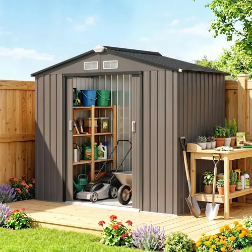Vista 22 de Outsunny Cobertizo de almacenamiento exterior de 11' x 13', cobertizo de metal para herramientas de jardín con kit de cimentación, puerta con doble