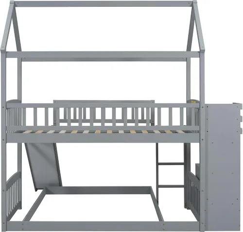 Vista 9 de Litera individual sobre cama matrimonial con tobogán, litera de madera con techo y escalera, color gris