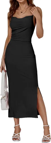 Vista 4 de LYANER Vestido midi de fiesta con tirantes delgados y abertura dividida sin mangas, cuello en V y cremallera