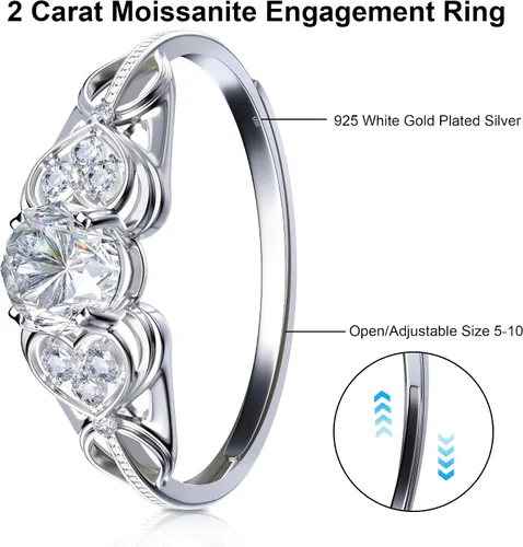 Vista 2 de ATESSON Anillos de compromiso de moissanita de plata de ley S925 para mujer, 2 quilates de corte redondo, anillos de compromiso de aniversario