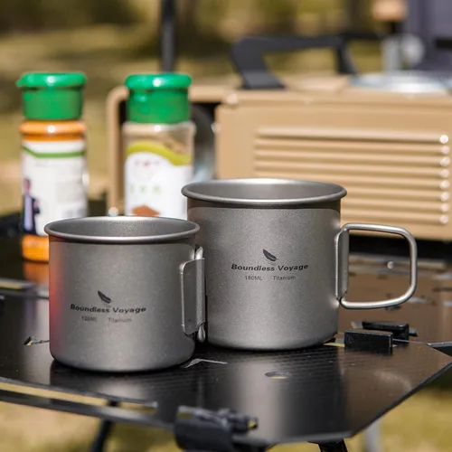 Vista 7 de Boundless Voyage Titanio Camping Taza Taza Fuego Abierto Ultraligero Camping Picnic Agua Vino Café Taza 4.1 fl oz y 6.1 fl oz Teacups Sin Tapa