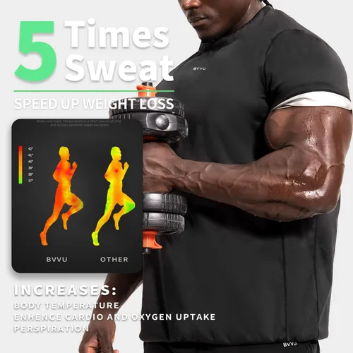 Vista 2 de BVVU Traje de sauna para hombre, chaleco de camisa de sauna, chaleco de entrenamiento, manga corta, chaqueta de cuerpo superior, moldeador de cuerpo