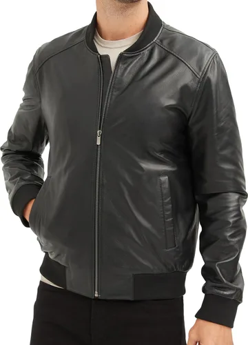 Vista 3 de Chaqueta Bomber de piel de cordero genuina para hombre - Negro