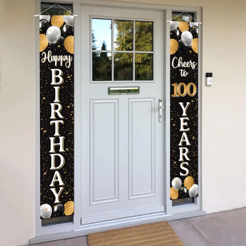 Vista 3 de Decoración de feliz cumpleaños número 100, globo negro y dorado número 100 para colgar en la puerta, letrero para colgar en la puerta, suministros