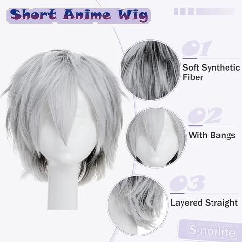 Vista 4 de Pelucas de pelo sintético lacio, corto y esponjoso. Para fiestas de cosplay, anime peluca con pelo despeinado y puntiagudo, para hombre y mujer