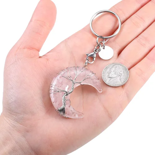Vista 4 de Jovivi Llavero de cristal curativo de 7 chakras envuelto en resina natural con piedra de luna creciente para mujeres y hombres