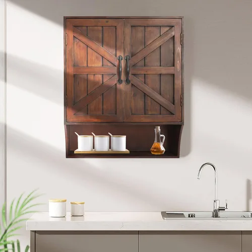 Vista 4 de FLORA Armario de almacenamiento montado en la pared, botiquín con puertas, armario de pared de baño vintage de madera sobre inodoro para baño