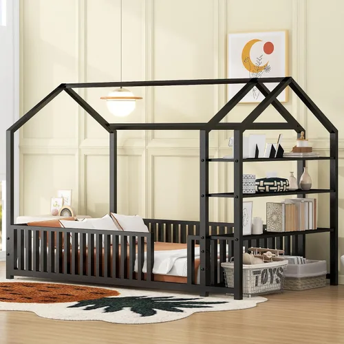 Vista 27 de Cama juguetona en forma de casa de tamaño matrimonial con estantes y luces, marco de cama de metal con techo para niños, adolescentes y adultos, un
