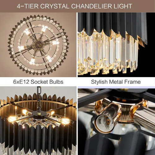 Vista 5 de Candelabro de cristal negro de 20 pulgadas, K9, luces colgantes redondas, ajustables, de 4 niveles, gran lámpara de cristal moderna, 6 luces