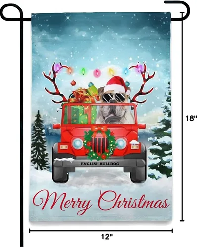 Vista 2 de Banderas divertidas de Navidad con diseño de bulldog inglés para conducir un coche en la nieve, Navidad, vacaciones, jardín, para amantes