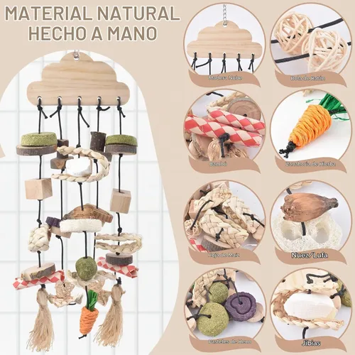 Vista 2 de Bissap Juguete Masticable para Conejos, Juguetes Masticables Colgantes para Jaula de Conejo y Golosinas de Madera con Aperitivos para Conejillos