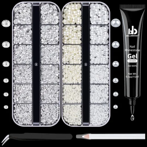 Vista 10 de Kit de pedrería para uñas BELLEBOOST, 15ml de pegamento de gel con strass + gemas coloridas + cristales de vidrio flatback AB y gemas transparentes