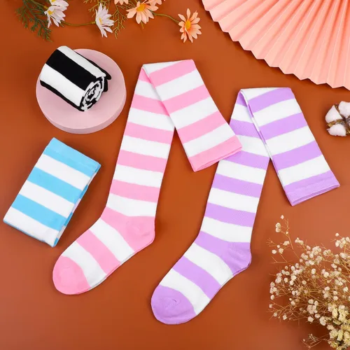 Vista 4 de Aneco 4 pares de calcetines de rayas altas por encima de la rodilla, calcetines altos hasta el muslo, accesorios de cosplay para mujeres y niñas