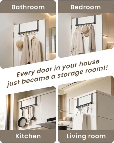 Vista 8 de Ganchos para colgar sobre la puerta, ganchos ajustables resistentes para colgar sobre la puerta, organizador para baño, color negro heavy duty