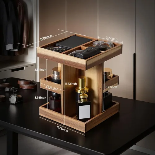 Vista 2 de EXIN DECHEN - Organizador de colonia para hombres, soporte de colonia, estante de perfume de madera de 3 niveles con rotación, organizador