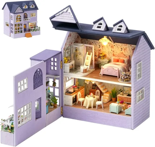 Vista 9 de Spilay Kit de muebles de madera en miniatura para casa de muñecas, mini casa de muñecas hecha a mano con LED, escala 1:24, juguetes creativos