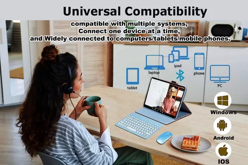 Vista 3 de Combo de teclado y mouse inalámbricos Bluetooth portátil, mini máquina de escribir compacta y delgada, ergonómica, teclado Bluetooth, mouse para Azul