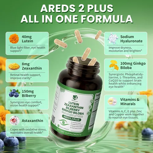 Vista 2 de Suplementos de luteína y zeaxantina, vitaminas avanzadas AREDS 2 para los ojos, con arándano, ginkgo biloba, astaxantina, hialuronato de sodio