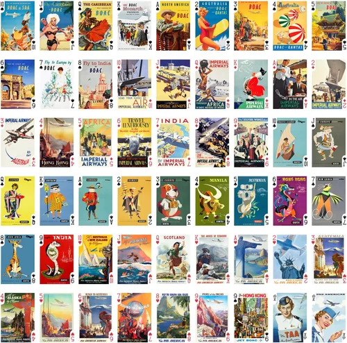 Vista 2 de Carteles de aviación vintage para jugar a las cartas (baraja de póquer 54 cartas todas diferentes) Carteles de viaje retro vintage Avia avión azafata