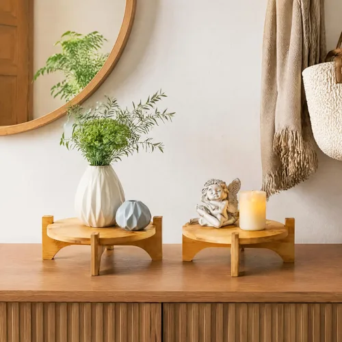 Vista 8 de Pumtus Paquete de 2 soportes pequeños para plantas, soporte de madera para macetas de interior, soporte desmontable de bambú para macetas