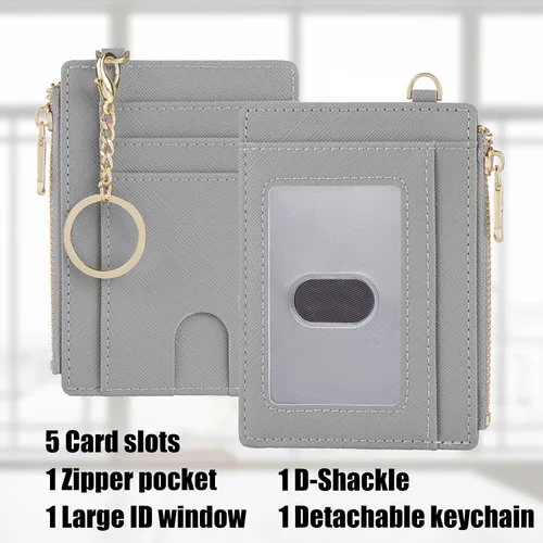 Vista 2 de Cartera delgada de bolsillo, bloqueo RFID, cartera con tarjetero con grillete en D y llavero desmontable para mujer, A-gris, Moda