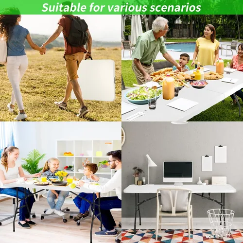 Vista 7 de Mesa plegable portátil de plástico de 6 pies y 71 pulgadas, parte superior resistente con asa de transporte, interior y exterior, patio, camping