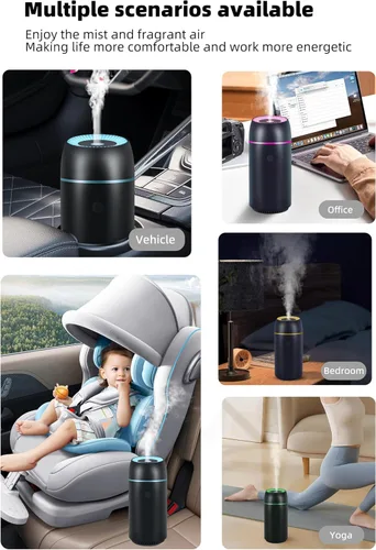 Vista 4 de Difusor de automóvil para aceites esenciales, portátil, mini humidificador ultrasónico de niebla de 3.4 fl oz, difusor ambientador de aromaterapia