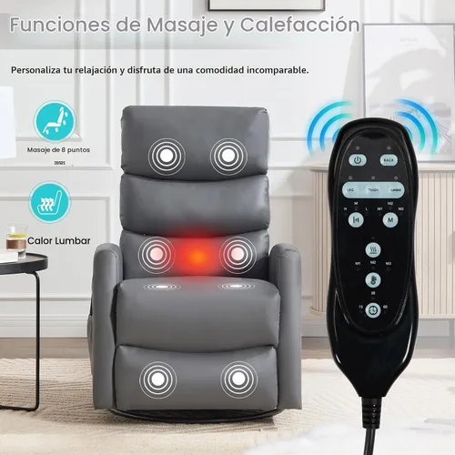 Vista 3 de Silla reclinable manual con masaje vibratorio, reclinable giratorio con control remoto, mecedora con calor lumbar, sillas reclinables con bolsillos
