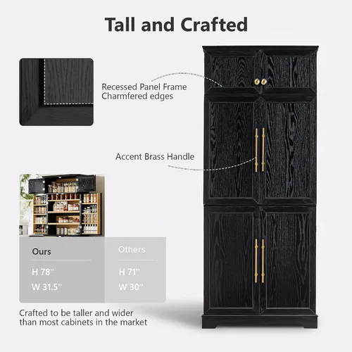 Vista 6 de 78.2" Tall Farmhouse Kitchen Pantry Cabinet with 8 Door Shelves, Storage Cabinet with 4 Adjustable Shelves, Hidden Drawer, Wine Rack, Versatile Ash