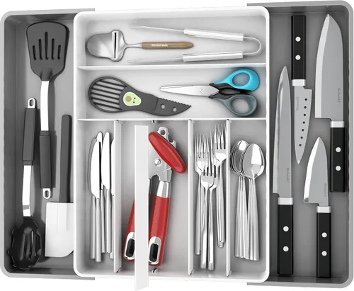 Vista 10 de Simple Houseware Organizador de cubiertos extensible para cajones de cocina, color negro, bandeja de cubiertos ajustable con 9 compartimentos