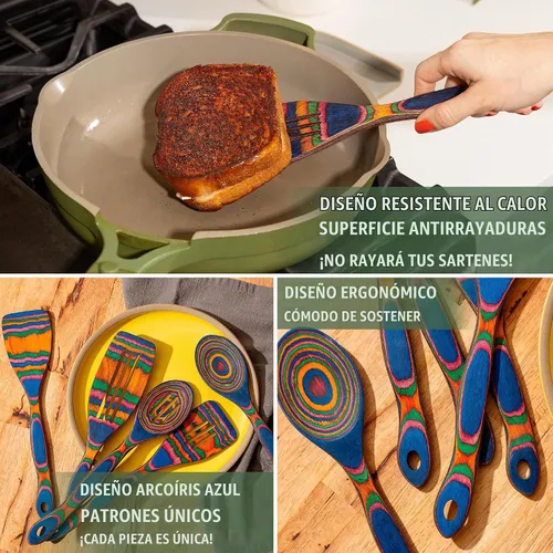 Vista 2 de Juego de utensilios de cocina de madera de 5 piezas, cucharas de madera para cocinar, utensilios de madera de Pakka para cocinar y servir, agarre