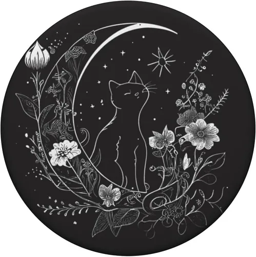 Vista 3 de Cat Sitting On Crescent Moon Flowers Stars Drawing PopSockets intercambiables PopGrip