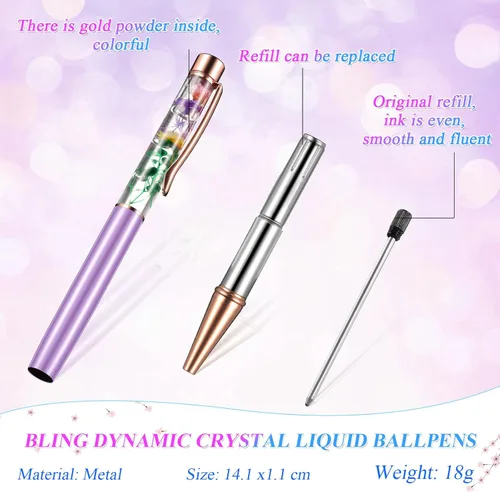 Vista 3 de HESTYA - 16 piezas de bolígrafos de glitter con cristales brillantes, bolígrafos de arena líquida dinámica y repuestos, tinta negra metálica